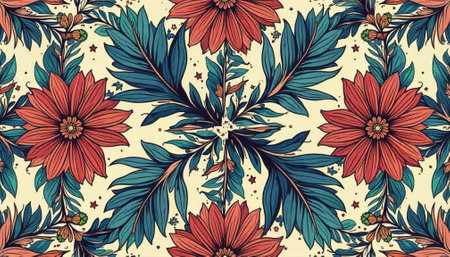 Botanical floral pattern with symmetrical flowers and leaves