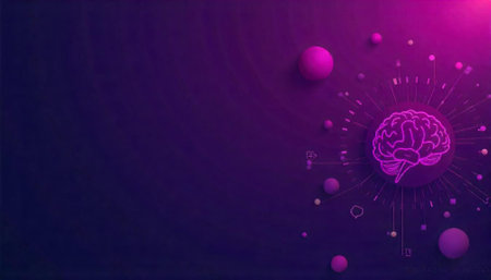 Purple brain with spheres abstract technological concept imageの写真素材