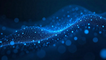 Abstract digital wave with particles over dark blue background