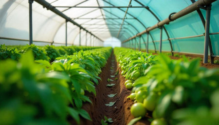 Rows of green plants in a greenhouse, agricultural conceptの写真素材