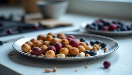 A plate of colorful sweets and blueberries on table