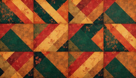 Vintage textured patchwork pattern with floral accents background imageの写真素材