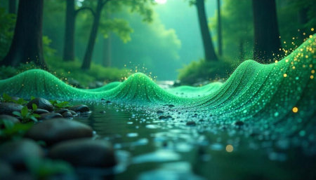 Lush green river flowing through a serene forest sceneの写真素材