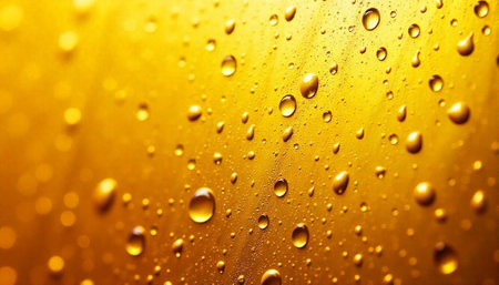 Golden surface with glistening water droplets macro abstract imageの写真素材