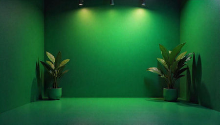 All green studio setup with potted plantsの写真素材