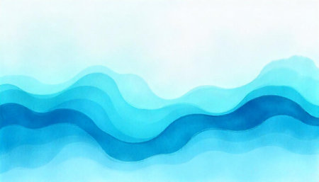 Abstract watercolor painting of layered blue flowing water waves