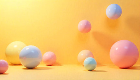 Pastel Spheres Floating on Yellow Surface Background