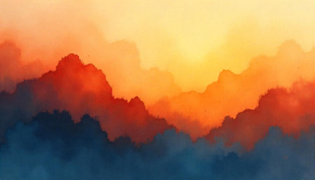Abstract landscape painting of mountains in shades of orangeの写真素材