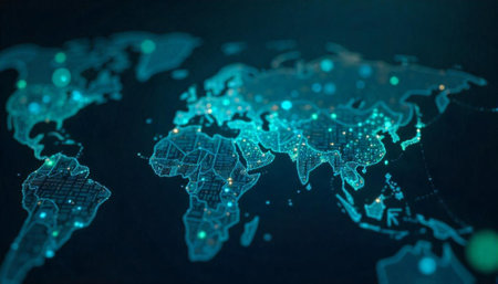 Abstract illuminated world map against dark background, global network