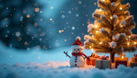 Festive holiday scene with snowman and Christmas treeの写真素材