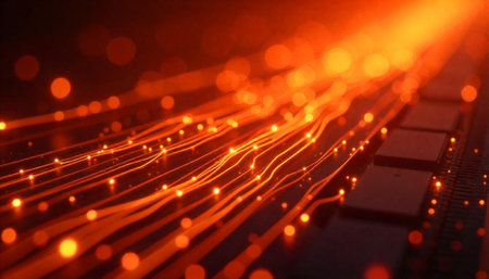 Data streams on circuit board with glowing lightの写真素材