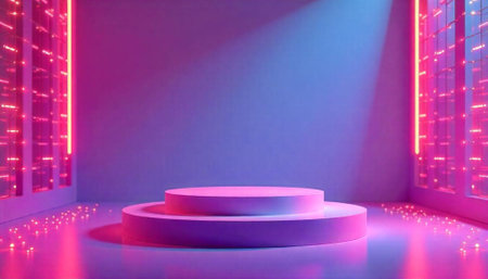 Neon lit stage backdrop for product or event promotionの写真素材