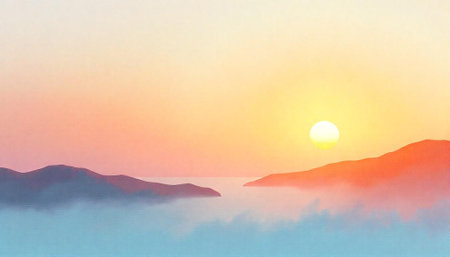 Minimalist landscape illustration with pastel color sunset sceneryの写真素材