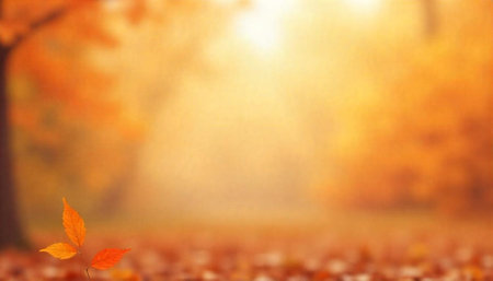 Warm autumnal foliage background with bokeh effect and single leafの写真素材