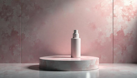 Pink bottle on a pink podium with abstract backdropの写真素材