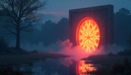 Mystical portal glows orange in a dark forest landscapeの写真素材