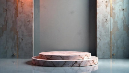 Minimalist podium with concrete and marble elements for product presentationの写真素材