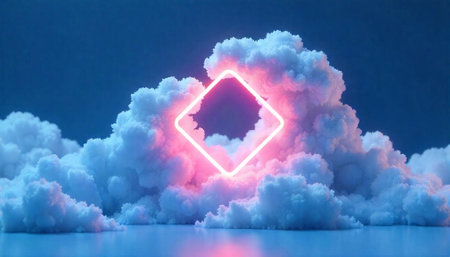 Neon square over fluffy clouds illuminated by pink glow