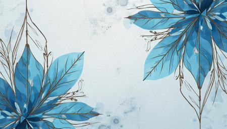 Blue floral arrangement with stylized leaves on textured backgroundの写真素材