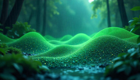 Emerald hills landscape with gentle rain and soft light