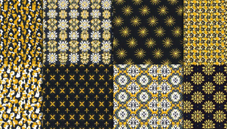 Assorted black and gold geometric floral patterns collection backdropの写真素材