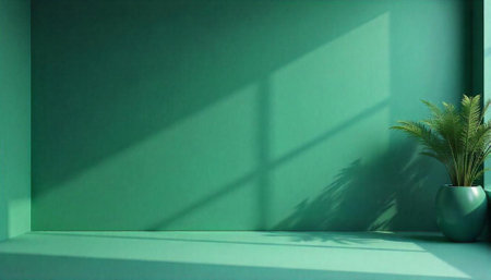 Green monochromatic room with plant casting shadows on wallの写真素材