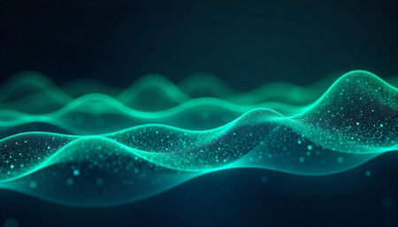 Abstract turquoise waves with glowing particles on dark background