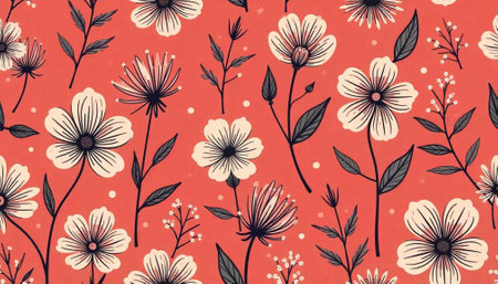 Floral pattern with a coral backdrop and dark detailsの写真素材