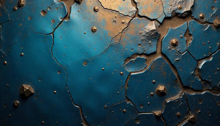 Cracked blue surface with golden accents and rough textures