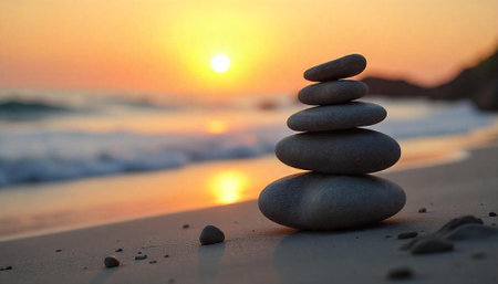 Zen stones stacked on a sandy beach at sunsetの写真素材
