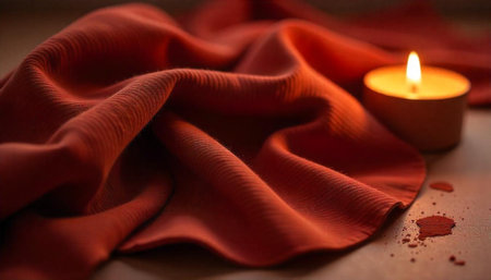 Burning candle alongside draped fabric creates a cozy ambianceの写真素材