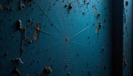 Intricate spiderweb against a distressed blue wall backdropの写真素材