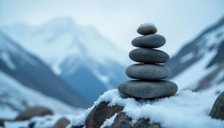 Stone Cairn in Winter Mountain Landscape for Balanceの写真素材