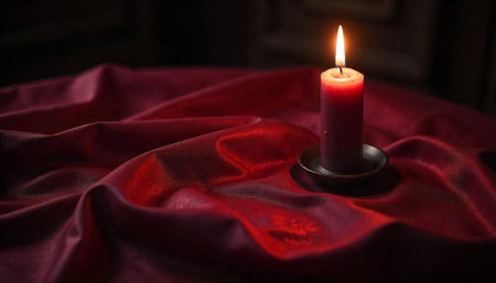 Elegant candle on burgundy fabric, dimly lit environmentの写真素材