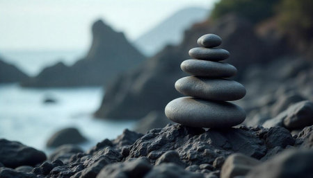 Balanced stone stack on rocky shore against blurred seascape