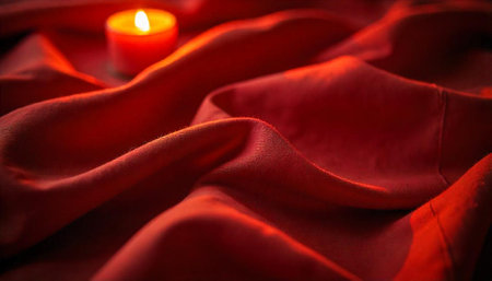 Red satin fabric with candle for elegant occasionsの写真素材