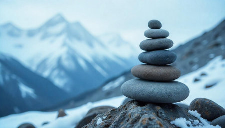 Stacked stones in snowy mountain landscape evokes balance and peaceの写真素材