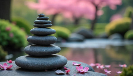Zen stacked stones with pink blossoms in serene gardenの写真素材