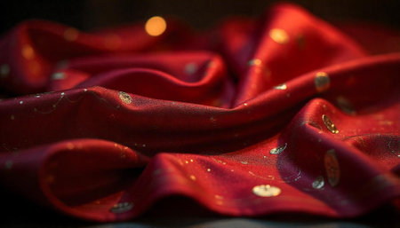 Elegant red silk with gold accents draped artisticallyの写真素材