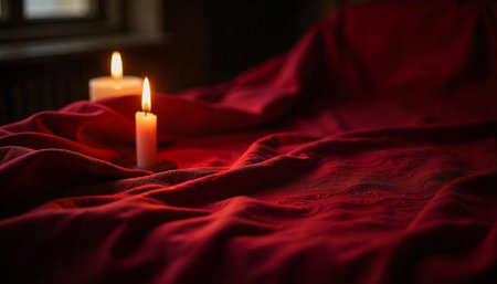 Warm candles illuminating red velvet fabric in soft lightの写真素材