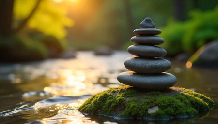 Zen Stones Balance in Peaceful Serene Setting on waterの写真素材