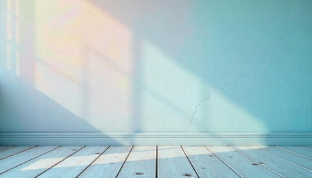 Sunlit aqua wall and white wooden floor, interior mockupの写真素材