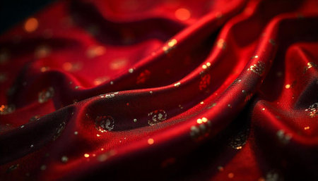 Elegant red fabric with golden ornaments and soft folds