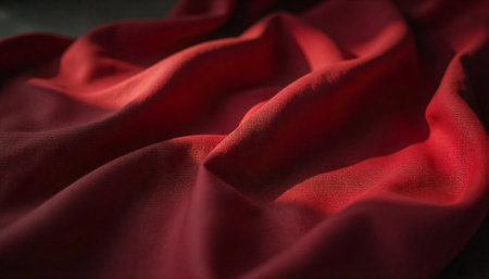 Luxurious folds of deep red fabric in soft lightの写真素材