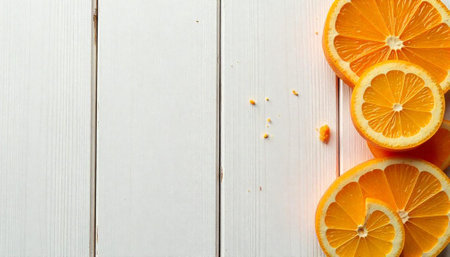 Sliced oranges arranged on rustic white wood surface, overhead shotの写真素材