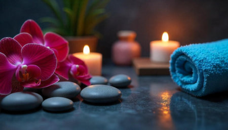 Serene spa scene with orchids, stones and candles