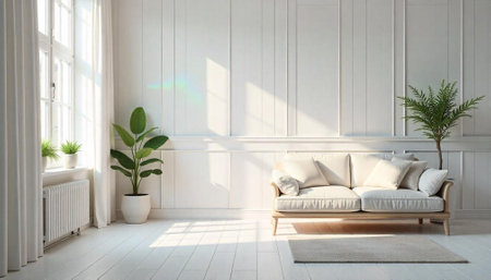 Minimalist living room featuring couch plants and natural lightの写真素材