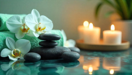 Spa still life with stones, orchids and candlesの写真素材