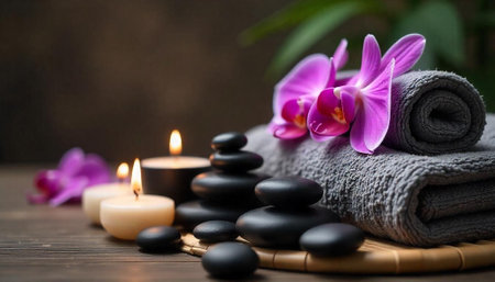 Zen Still Life with Orchids, Stones, Candles and Towel