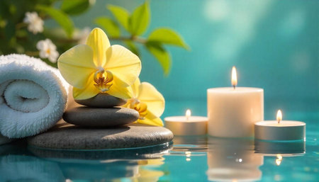 Spa still life with orchid, stones, candles and towels
